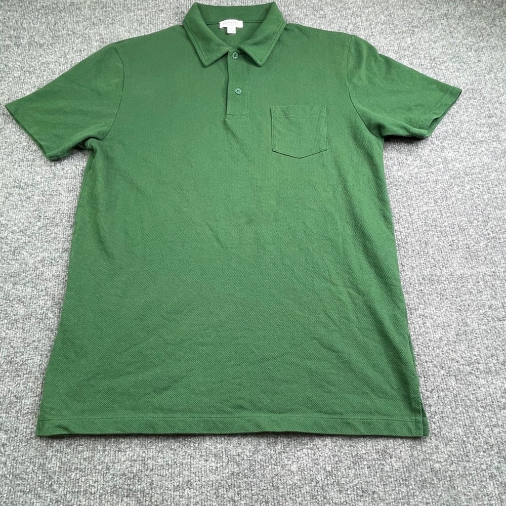 Sunspel Riviera Polo Shirt Mens L Green Cotton Pique Short Sleeve Chest Pocket
